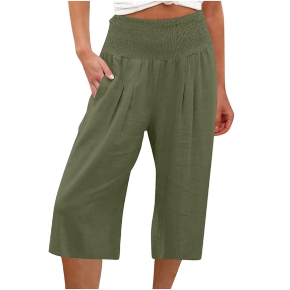 Jewelreauty Women Smocked High Waisted Capris Pants Casual Cotton Linen Trousers Summer Wide Leg Cozy Pants (S, Army Green)