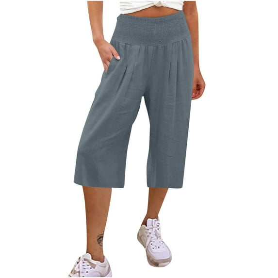 Jewelreauty Women Smocked High Waisted Capris Pants Casual Cotton Linen Trousers Summer Wide Leg Cozy Pants (S, Gray)