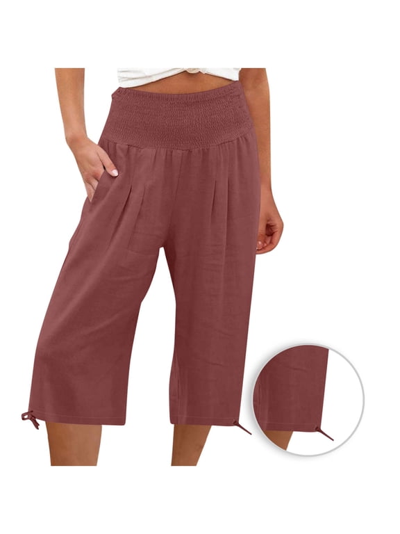 Women Smocked High Waisted Capris Pants Casual Cotton Linen Trousers Summer Wide Leg Cuffed Capris (2XL, Wine)