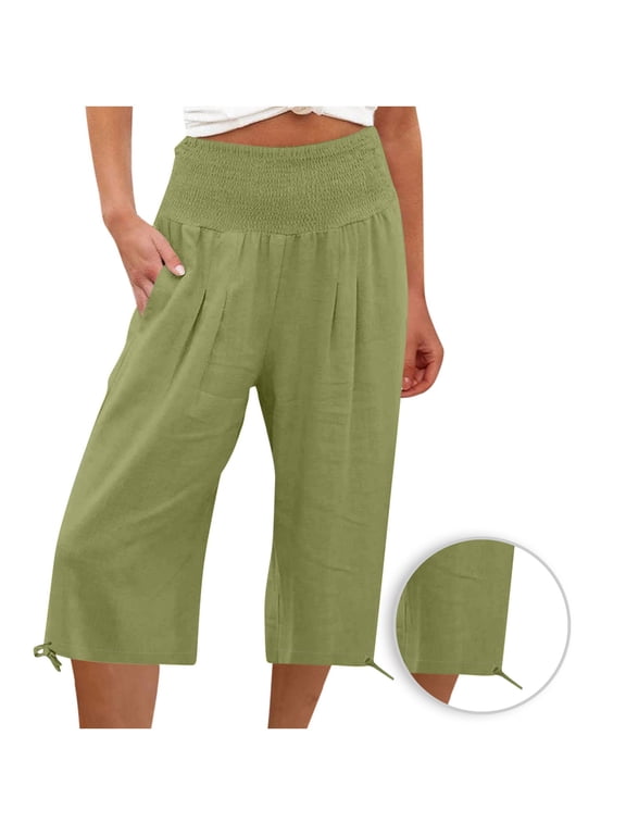 Women Smocked High Waisted Capris Pants Casual Cotton Linen Trousers Summer Wide Leg Cuffed Capris (3XL, Green)