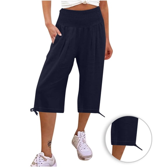 Jewelreauty Women Smocked High Waisted Capris Pants Casual Cotton Linen Trousers Summer Wide Leg Cuffed Capris (M, Navy)
