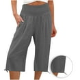 thumbnail image 1 of Jewelreauty Women Smocked High Waisted Capris Pants Casual Cotton Linen Trousers Summer Wide Leg Cuffed Capris (M, Silver), 1 of 6