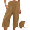 thumbnail image 1 of Jewelreauty Women Smocked High Waisted Capris Pants Casual Cotton Linen Trousers Summer Wide Leg Cuffed Capris (S, Khaki), 1 of 6