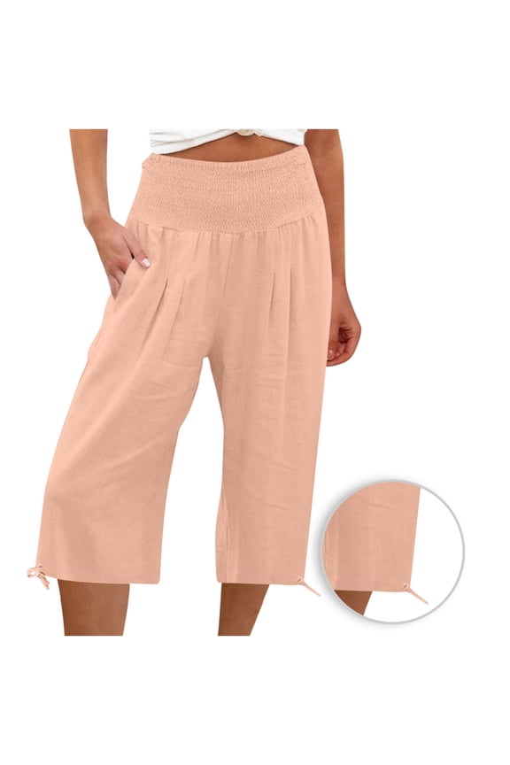 Women Smocked High Waisted Capris Pants Casual Cotton Linen Trousers Summer Wide Leg Cuffed Capris (XL, Pink)