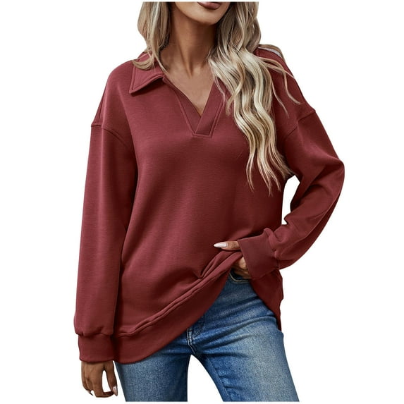 Jewelreauty Women Solid Color Lapel V Neck Sweatshirts Long Sleeve Pullover Cozy Tops Fashion Loose Fitting Hoodless Blouses (M, Wine)