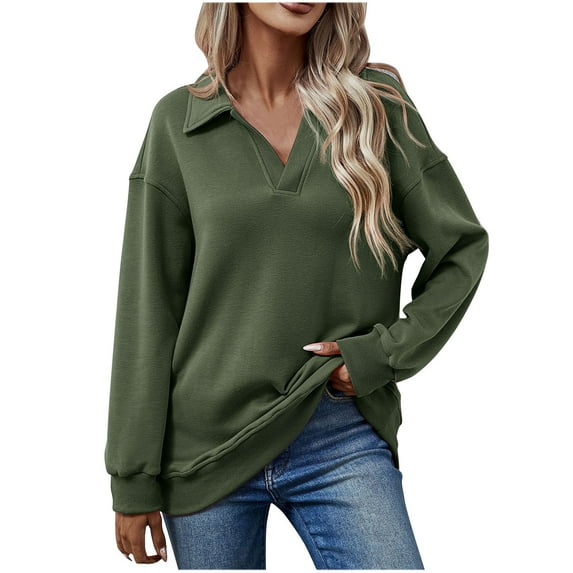 Jewelreauty Women Solid Color Lapel V Neck Sweatshirts Long Sleeve Pullover Cozy Tops Fashion Loose Fitting Hoodless Blouses (S, Army Green)