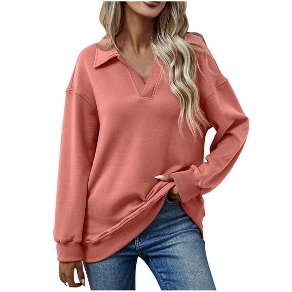 Jewelreauty Women Solid Color Lapel V Neck Sweatshirts Long Sleeve Pullover Cozy Tops Fashion Loose Fitting Hoodless Blouses (XL, Watermelon Red)