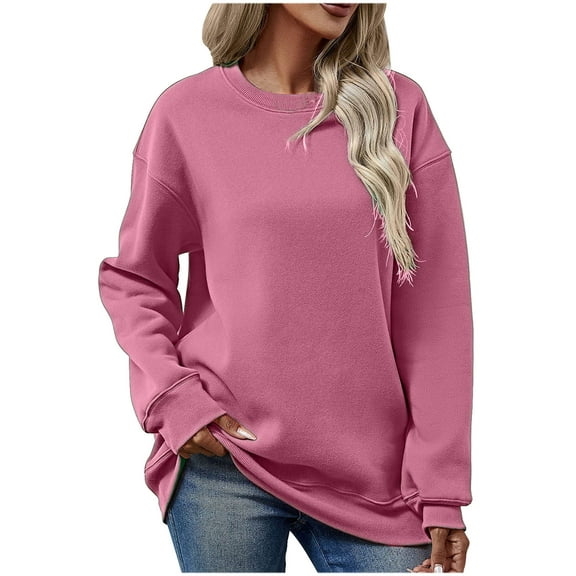 Jewelreauty Women Solid Color Long Sleeve Sweatshirts Crewneck Comfort Pullover Tops Casual Loose Hoodless Blouses (M, Hot Pink)