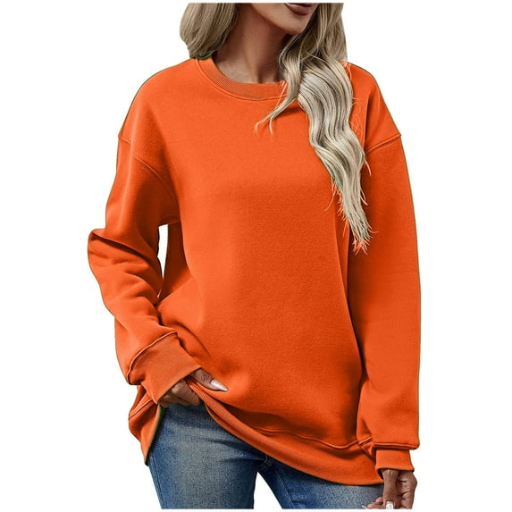 Jewelreauty Women Solid Color Long Sleeve Sweatshirts Crewneck Comfort Pullover Tops Casual Loose Hoodless Blouses (M, Orange)