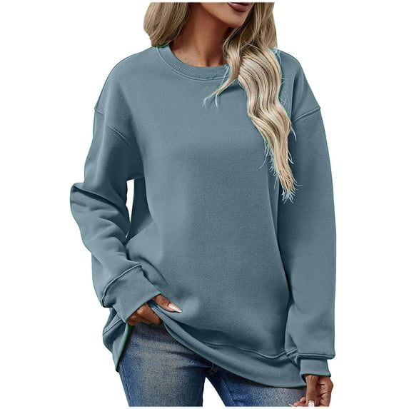 Jewelreauty Women Solid Color Long Sleeve Sweatshirts Crewneck Comfort Pullover Tops Casual Loose Hoodless Blouses (XL, Sky Blue)