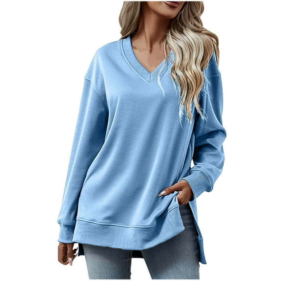 Jewelreauty Women Solid Color V Neck Sweatshirts Long Sleeve Pullover Slit Tops Fashion Loose Fitting Hoodless Blouses (S, Sky Blue)