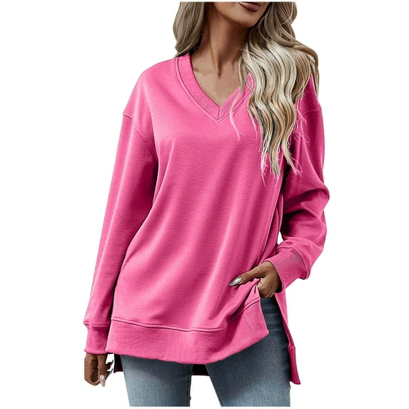 Jewelreauty Women Solid Color V Neck Sweatshirts Long Sleeve Pullover Slit Tops Fashion Loose Fitting Hoodless Blouses (XL, Hot Pink)