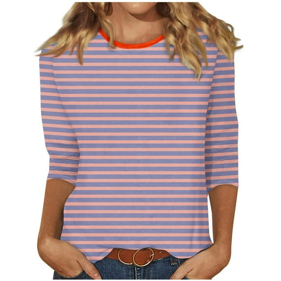 Jewelreauty Women Striped 3/4 Sleeve Shirts Crewneck Elbow Length Tunic Tops Summer Casual Loose Basic Tees (S, Pink)