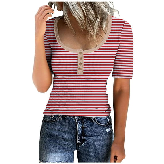 Jewelreauty Women Striped Henley Shirts Short Sleeve Square Neck Button T-Shirts Summer Slim-Fit Tunic Tops (S, Watermelon Red)