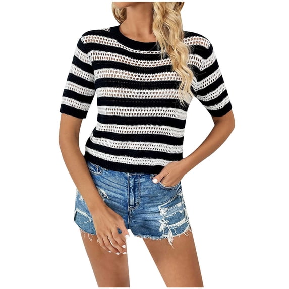 Jewelreauty Women Striped Short Sleeve Shirts Knit Crewneck Hollow Out Patchwork Tops Summer Casual Trendy Tees (S, Black)