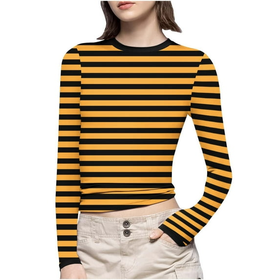Jewelreauty Women Striped Slim-Fit Shirts Plus Size Long Sleeve Crewneck Basic Tees Casual Soft Undershirts (M, Orange)