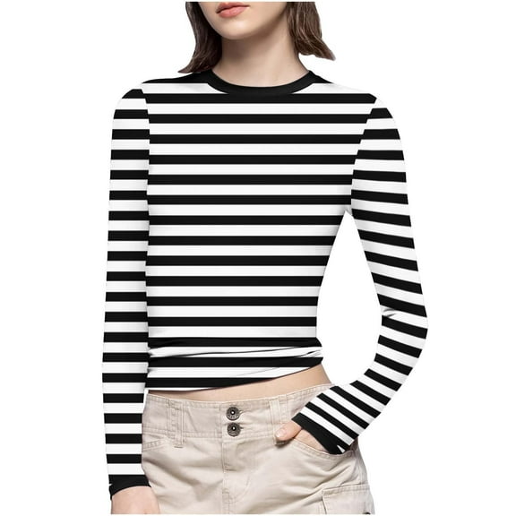 Jewelreauty Women Striped Slim-Fit Shirts Plus Size Long Sleeve Crewneck Basic Tees Casual Soft Undershirts (S, Black)