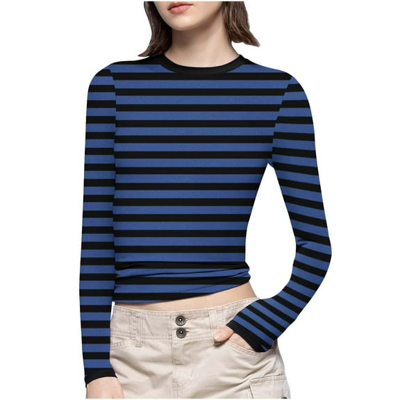 Jewelreauty Women Striped Slim-Fit Shirts Plus Size Long Sleeve Crewneck Basic Tees Casual Soft Undershirts (S, Blue)