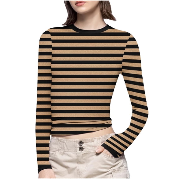 Jewelreauty Women Striped Slim-Fit Shirts Plus Size Long Sleeve Crewneck Basic Tees Casual Soft Undershirts (S, Khaki)