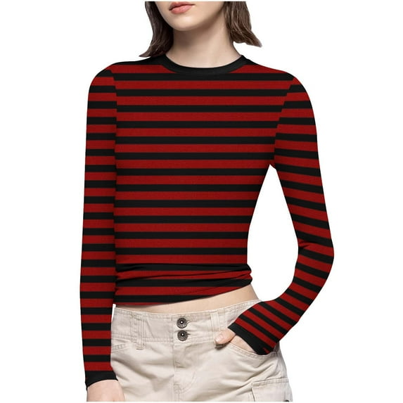 Jewelreauty Women Striped Slim-Fit Shirts Plus Size Long Sleeve Crewneck Basic Tees Casual Soft Undershirts (S, Red)