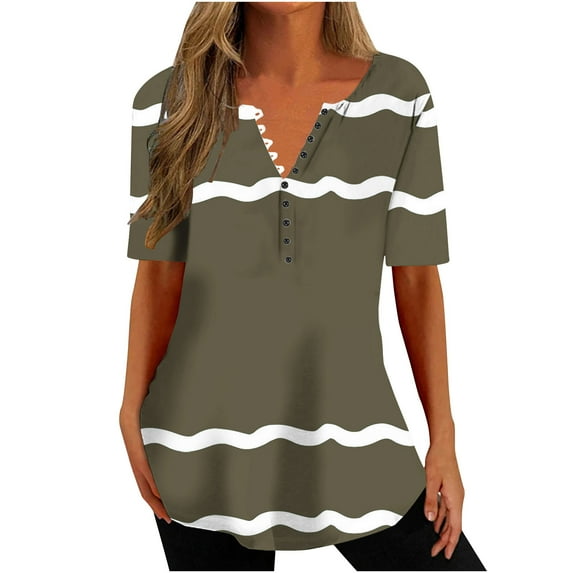 Jewelreauty Women Striped Tunic Tops Button V Neck Short Sleeve Casual T-Shirts Summer Loose Flowy Shirts (2XL, Army Green)
