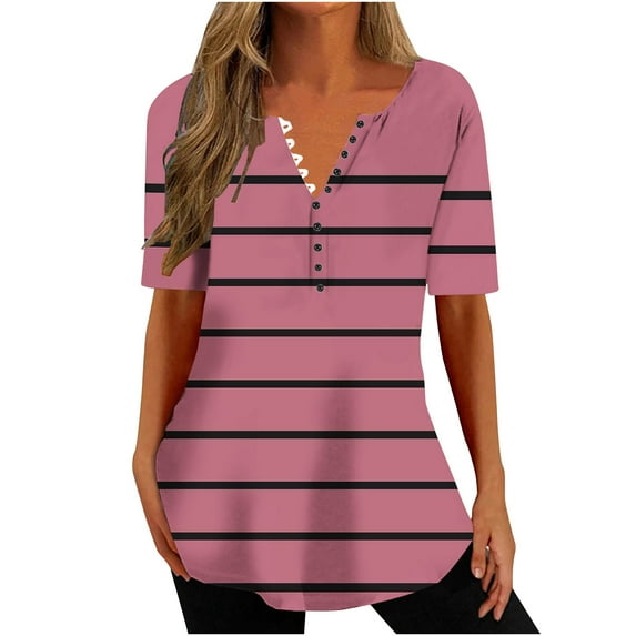 Jewelreauty Women Striped Tunic Tops Button V Neck Short Sleeve Casual T-Shirts Summer Loose Flowy Shirts (2XL, Watermelon Red)