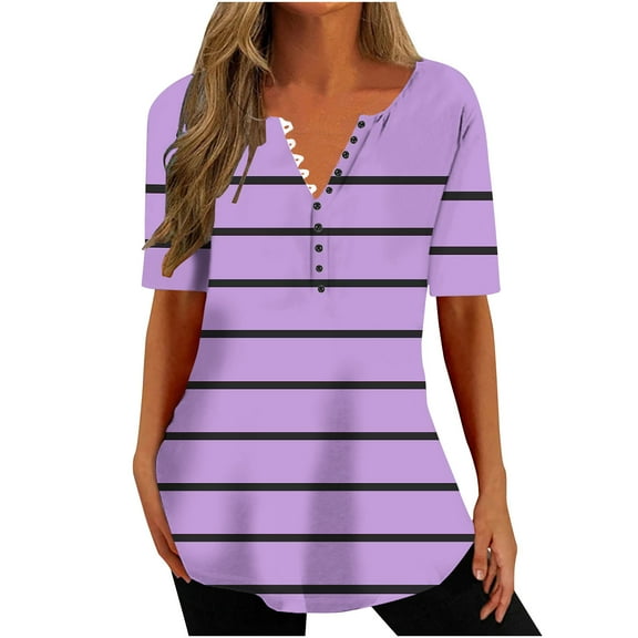 Jewelreauty Women Striped Tunic Tops Button V Neck Short Sleeve Casual T-Shirts Summer Loose Flowy Shirts (S, Purple)