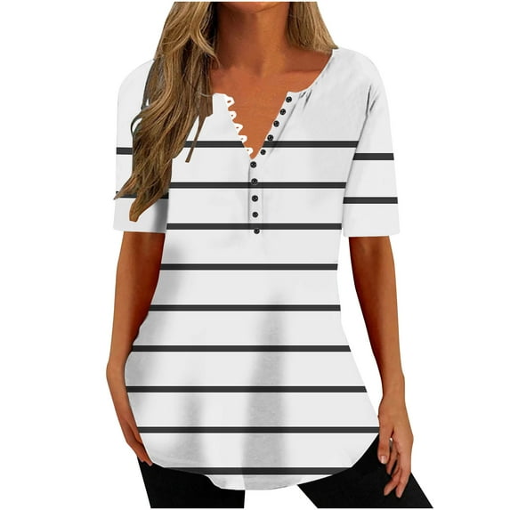 Jewelreauty Women Striped Tunic Tops Button V Neck Short Sleeve Casual T-Shirts Summer Loose Flowy Shirts (XL, White)