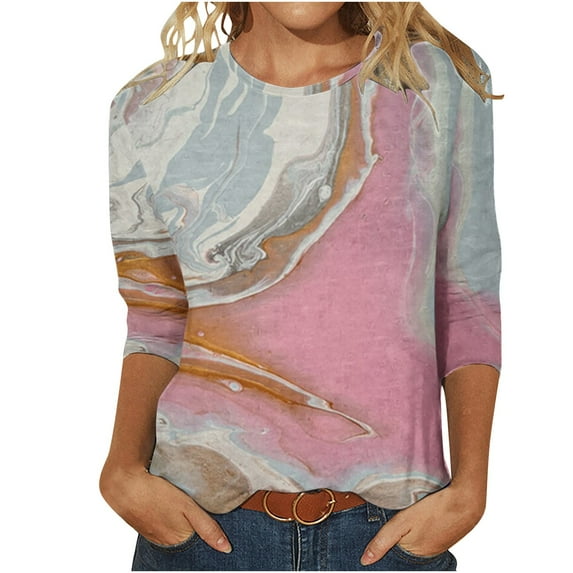 Jewelreauty Women Summer Graphic Shirts 3/4 Sleeve Round Neck Print Pullover Tops Loose Casual Lightweight Tee (L, Pink-C)