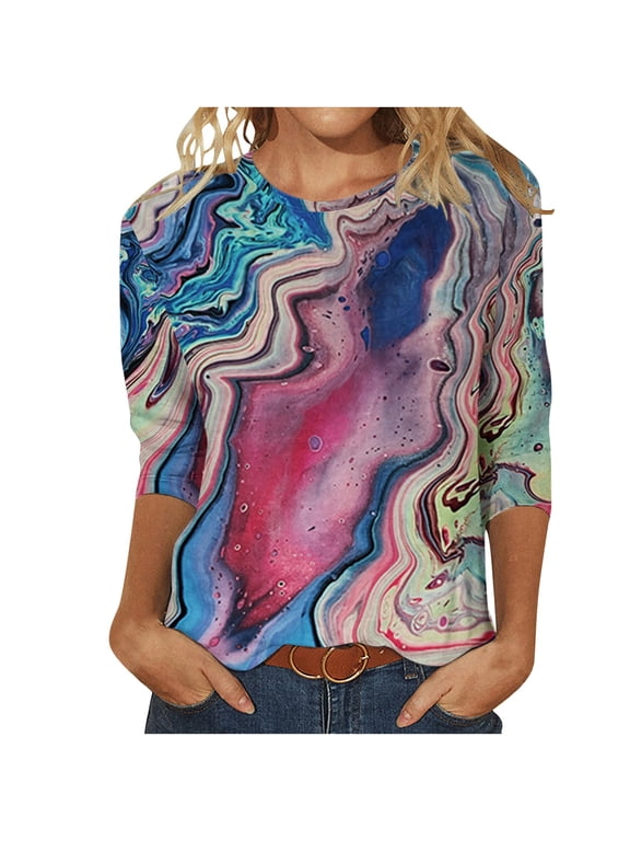 Women Summer Graphic Shirts 3/4 Sleeve Round Neck Print Pullover Tops Loose Casual Lightweight Tee (M, Dark Blue)