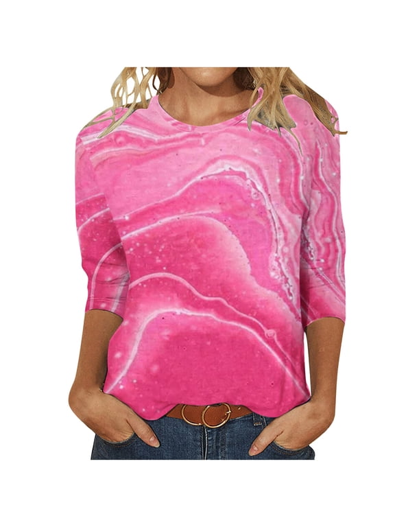 Women Summer Graphic Shirts 3/4 Sleeve Round Neck Print Pullover Tops Loose Casual Lightweight Tee (XL, Hot Pink-A)