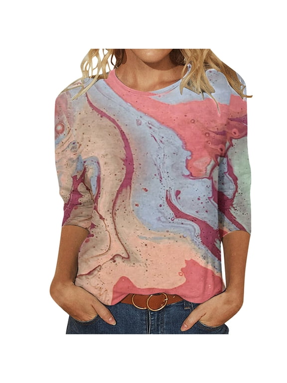 Women Summer Graphic Shirts 3/4 Sleeve Round Neck Print Pullover Tops Loose Casual Lightweight Tee (XL, Khaki)
