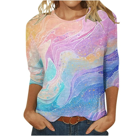 Jewelreauty Women Summer Graphic Shirts 3/4 Sleeve Round Neck Print Pullover Tops Loose Casual Lightweight Tee (XL, Light Blue)