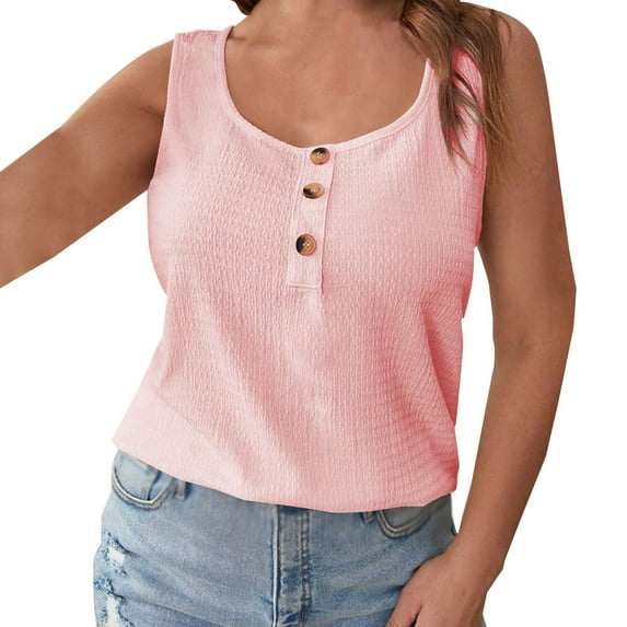 Jewelreauty Women Summer Tank Tops Casual Ribbed Sleeveless Henley Shirts Button Basic Tunic Cami Blouses (3XL, Pink)