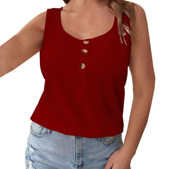 Jewelreauty Women Summer Tank Tops Casual Ribbed Sleeveless Henley Shirts Button Basic Tunic Cami Blouses (3XL, Red)