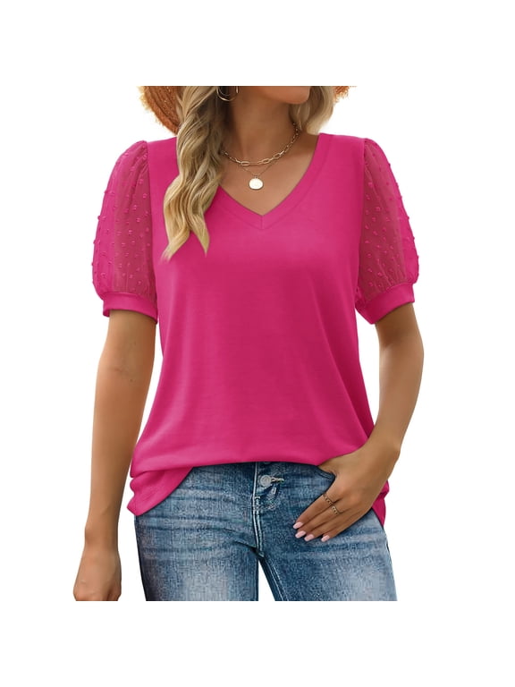 Women Summer V Neck Shirts Puff Sleeve Loose Fitting Casual Pullover Tops Solid Color Cozy T-Shirts (2XL, Hot Pink)