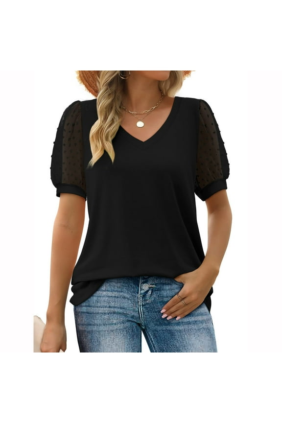 Women Summer V Neck Shirts Puff Sleeve Loose Fitting Casual Pullover Tops Solid Color Cozy T-Shirts (S, Black)