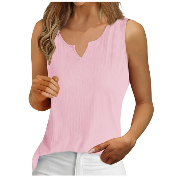 Jewelreauty Women Summer V Neck Tank Tops Casual Solid Color Sleeveless Basic T-Shirts Loose Tunic Blouse (2XL, Pink)