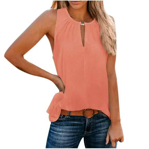 Jewelreauty Women Tank Tops Summer Casual Keyhole Collar Sleeveless Blouses Tee Solid Color Loose Shirts (2XL, Pink)