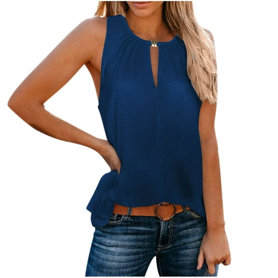Jewelreauty Women Tank Tops Summer Casual Keyhole Collar Sleeveless Blouses Tee Solid Color Loose Shirts (M, Blue)