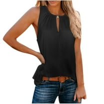 Jewelreauty Women Tank Tops Summer Casual Keyhole Collar Sleeveless Blouses Tee Solid Color Loose Shirts (S, Black)