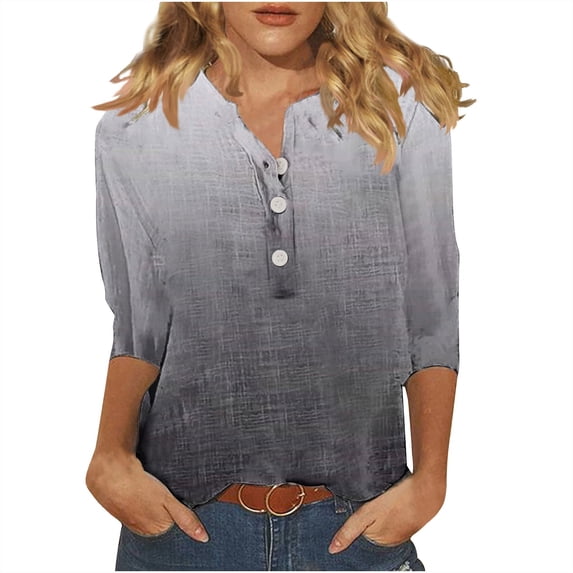 Jewelreauty Women Tunic Tops Casual Notch Neck Elbow Length Button T-Shirts Summer Trendy Tee