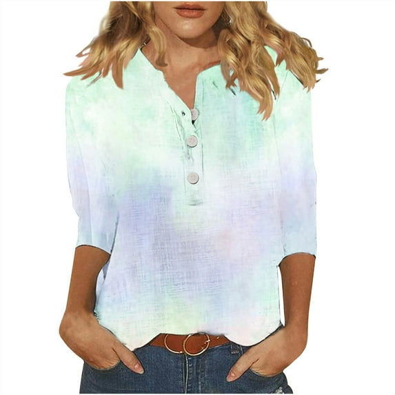 Jewelreauty Women Tunic Tops Casual Notch Neck Elbow Length Button T-Shirts Summer Trendy Tee