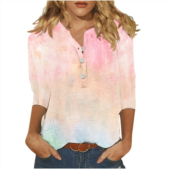 Jewelreauty Women Tunic Tops Casual Notch Neck Elbow Length Button T-Shirts Summer Trendy Tee