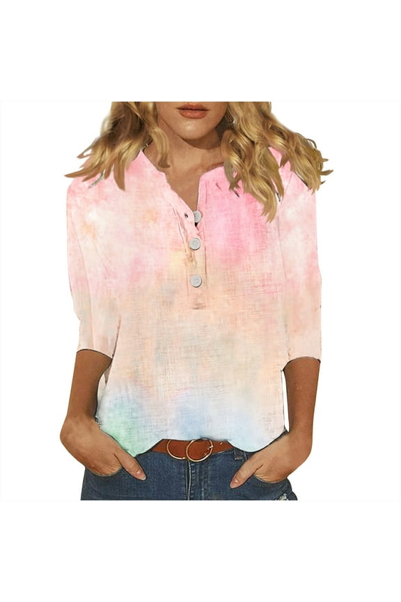 Women Tunic Tops Casual Notch Neck Elbow Length Button T-Shirts Summer Trendy Tee