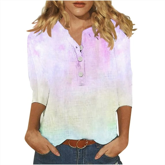 Jewelreauty Women Tunic Tops Casual Notch Neck Elbow Length Button T-Shirts Summer Trendy Tee