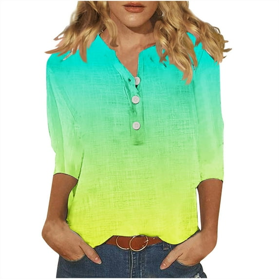 Jewelreauty Women Tunic Tops Casual Notch Neck Elbow Length Button T-Shirts Summer Trendy Tee