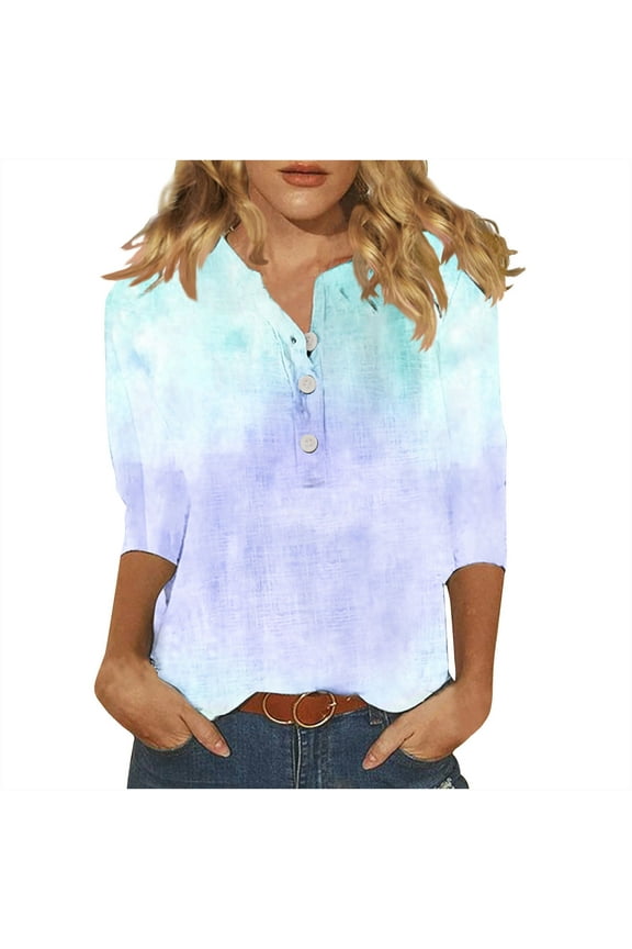 Women Tunic Tops Casual Notch Neck Elbow Length Button T-Shirts Summer Trendy Tee