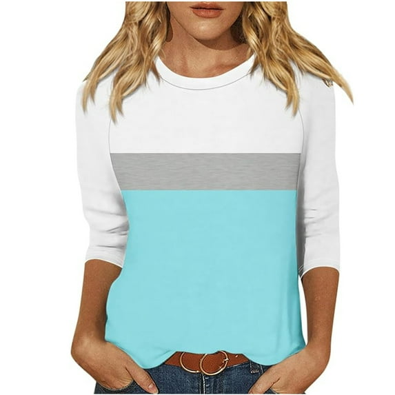 Jewelreauty Women Tunic Tops Elbow Length Sleeve Color Block Striped T-Shirts Casual Crewneck Base Tee, Sky Blue 2XL