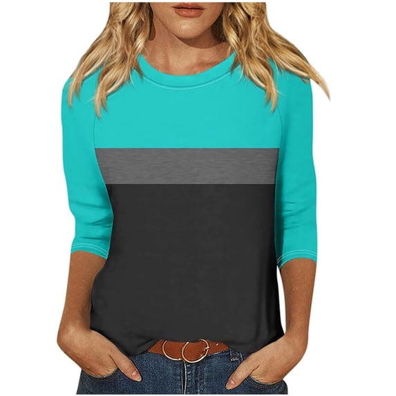 Jewelreauty Women Tunic Tops Elbow Length Sleeve Color Block Striped T-Shirts Casual Crewneck Base Tee, Black L